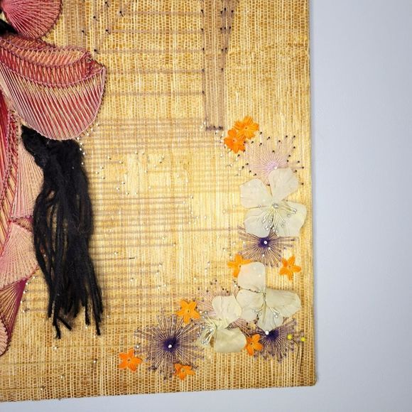 Handmade 1981 Asian Geisha Detailed Ornate String Folk Art on Burlap Canvas - Picture 5 of 10